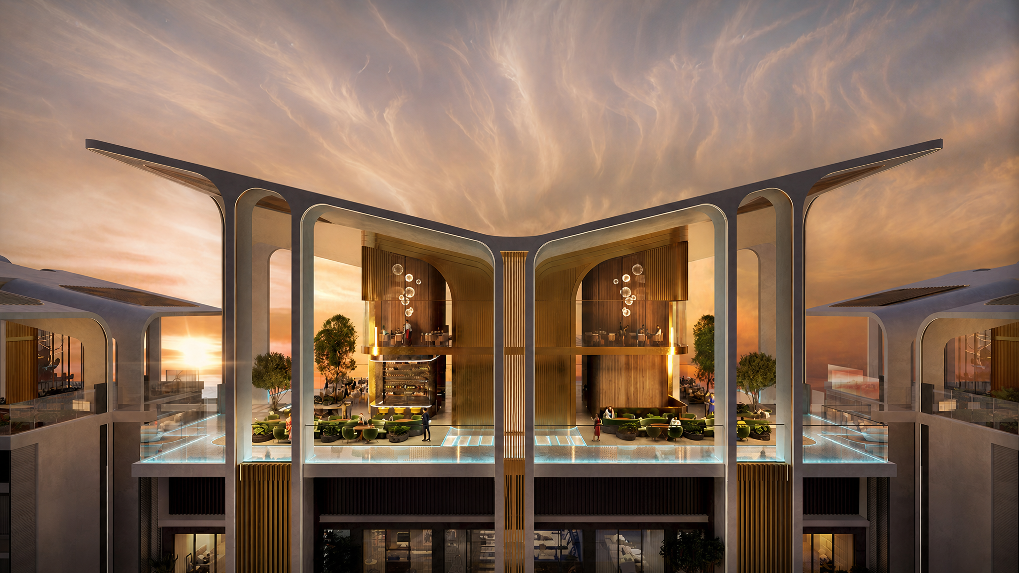 Wellness 67 architectural elevation at sunset with sky lounge